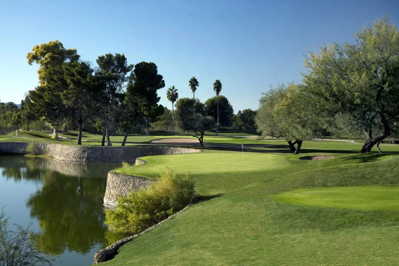 A golf course with trees and water in the background.