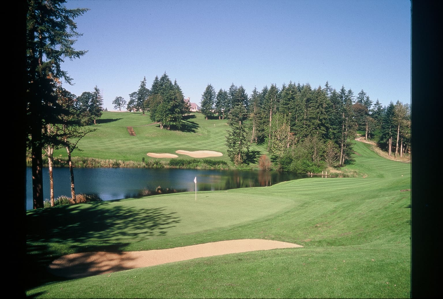 A golf course with trees and water in the background.