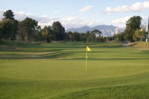 A golf course with trees and mountains in the background.