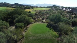 A view of a golf course from above.